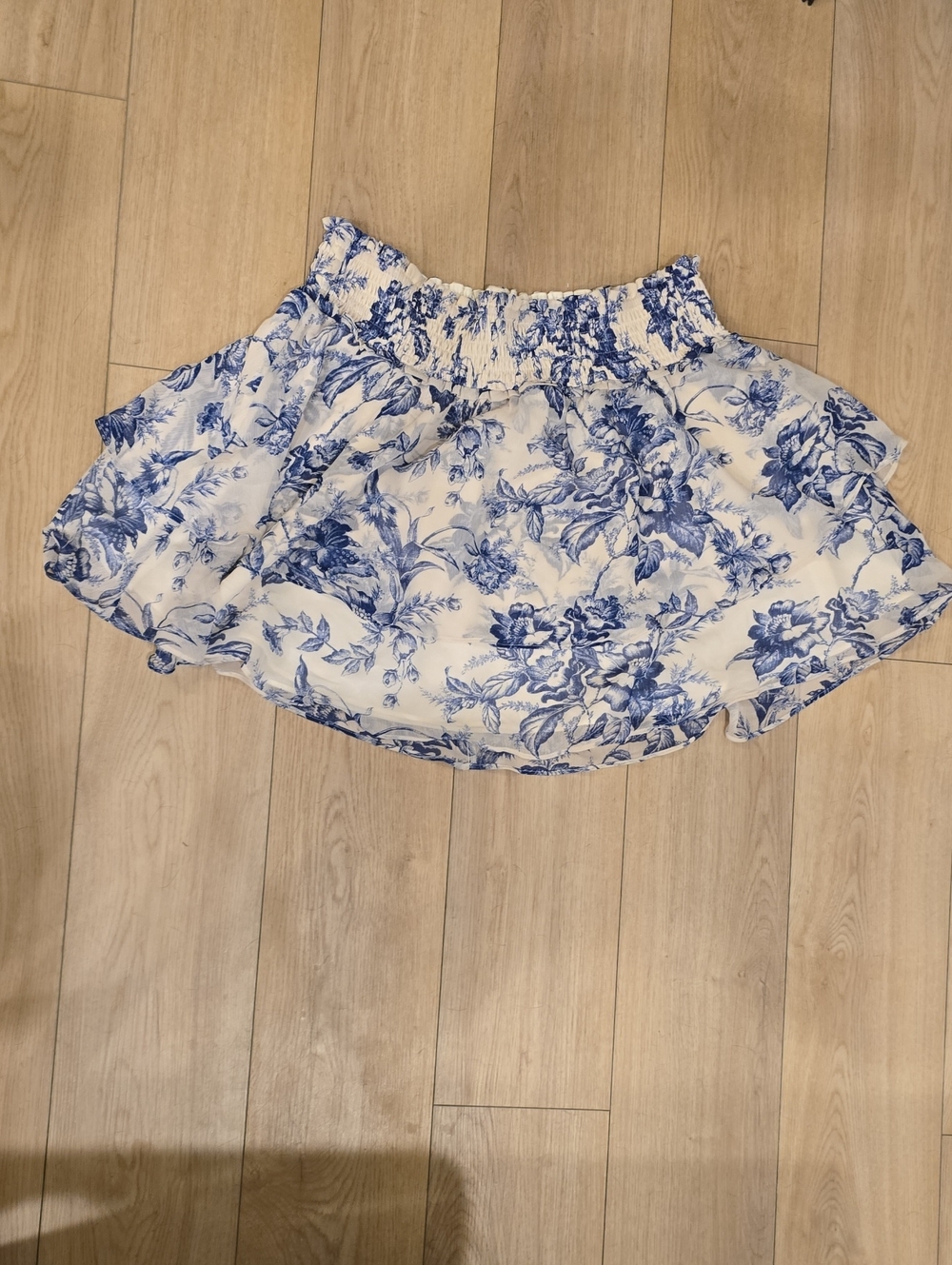 Express Blue and White Floral Smocked Waist Skater Skirt